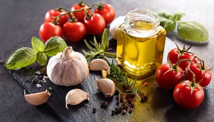 fresh ingredients on slate garlic herbs olive oil tomatoes and spices