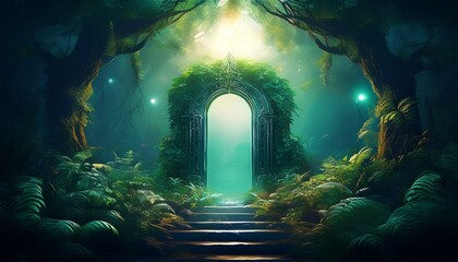 enigmatic glowing doorway surrounded by lush greenery and mysterious smoke
