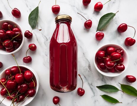 vibrant deep red tart cherry juice bottle with blank label on white marble flat lay