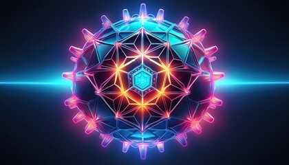 scientific visualization of virus capsid structure with glowing neon crystalline polyhedral geometry