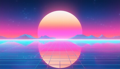 pastel vaporwave horizon background with digital sun and mirror surface lake