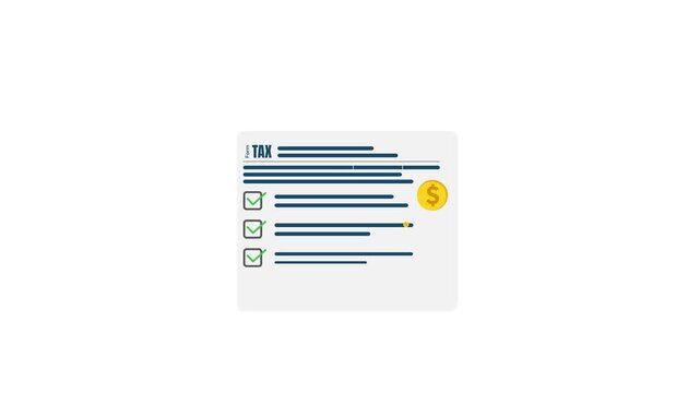 Tax form filling concept with checklist items and floating shapes around it 4k animation with white backdrop