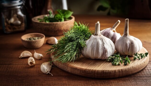 rustic kitchen scene with garlic and herbs on wooden cutting board
