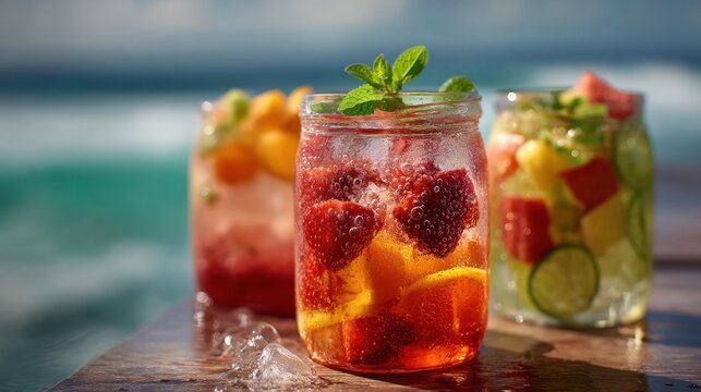 Colorful jars filled with fruity cocktails rest on a wooden table near the water. Fresh strawberries melons and mint leaves create a vibrant display against a sunny ocean backdrop. - Powered by Adobe