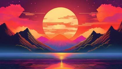modern korean ink landscape wallpaper with retro futuristic vaporwave digital sun