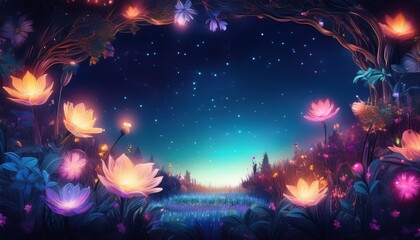midnight blooming garden backdrop frame of glowing flowers beneath cosmic sky