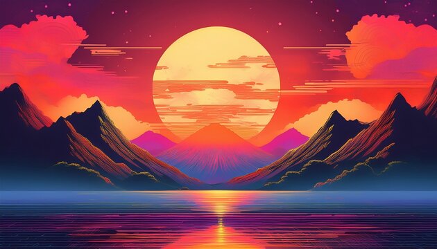 modern korean ink landscape wallpaper with retro futuristic vaporwave digital sun - Powered by Adobe