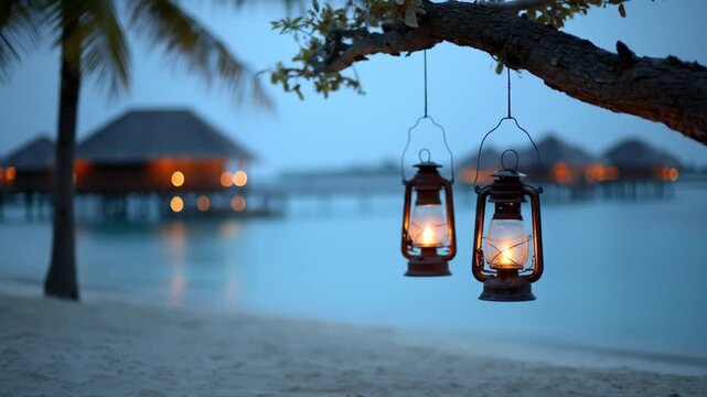 Evening beach scene with lanterns water and tropical structures
