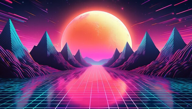 retro futuristic landscape wallpaper of neon mountains and shimmering digital moon