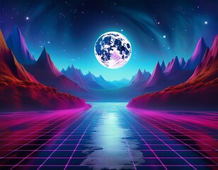 cyber aesthetic mountain river scene backdrop with gradient night sky and digital full moon