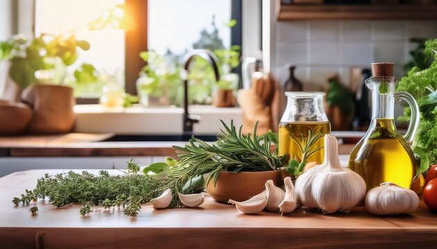 fresh herb and garlic kitchen counter with olive oil and vegetables - Powered by Adobe