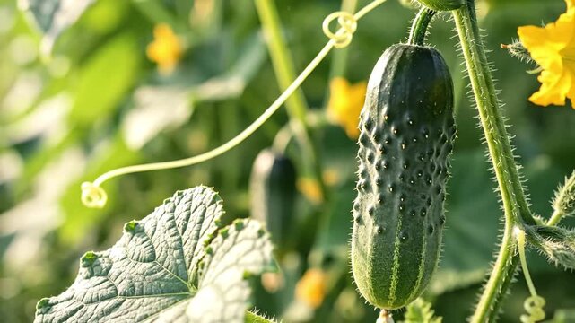 A bumpy green cucumber hangs from a vine with a curly tendril and yellow blossoms blurred in the sunlit background