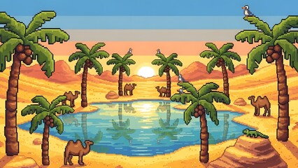 Pixel Art Desert Oasis at Sunset with Camels and Palm Trees perfect for game background, website banner, social media post, desktop wallpaper, blog illustration