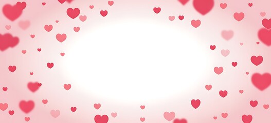 Soft pink background with scattered red and pink hearts forming a circular frame