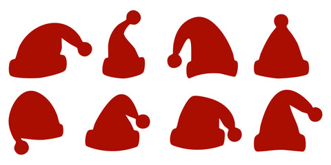 Set of eight red Santa hats silhouettes in various fun and quirky shapes on white background.