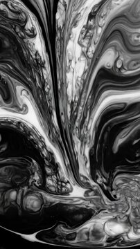 Swirling black and white ink fluid dynamics generating lingering afterimage echoes and complex organic liquid patterns visual, water, graphics
