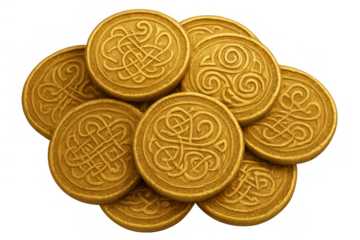 Gold coins with ancient celtic knot designs, a treasure heap for wealth and financial abundance, on transparent background