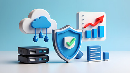 3D rendering of cloud computing, data security, and business analytics elements against a blue background.