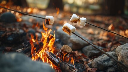 Group members enjoy a cozy evening around a campfire roasting marshmallows on sticks. The glowing fire lights up the surrounding trees and fallen leaves.