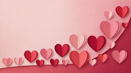 Soft pink and red paper hearts forming a decorative border on a gradient background