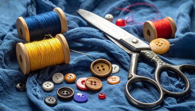 Flat Lay of Colorful Sewing Supplies on Blue Fabric Background - Powered by Adobe