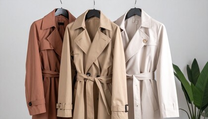 Three Trench Coats in Beige, Off-White, and Camel Brown Hanging on Wooden Hangers Against White Wall