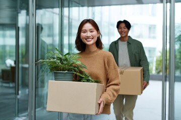 Asian young adults moving into new home with boxes and plants smiling