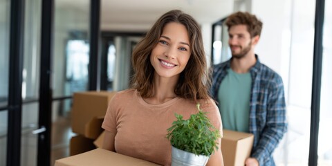 Young caucasian couple moving into new home with boxes and plants