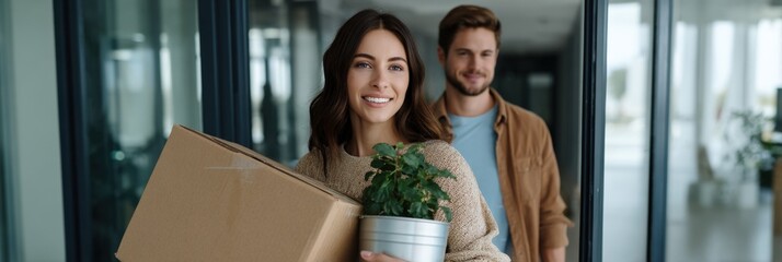 Young caucasian couple moving home with box and plant