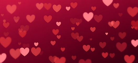 Soft focus red and pink hearts floating on a dark red background