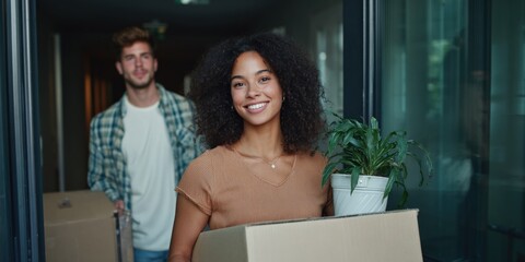 Young adults carrying boxes during home move