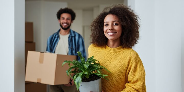 Young african adults moving house with boxes and green plant