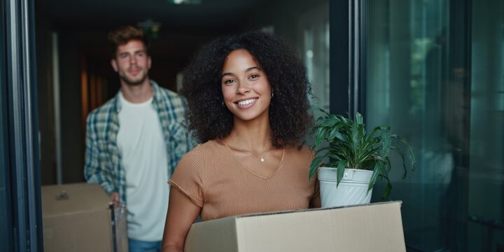 Young adults carrying boxes during home move - Powered by Adobe