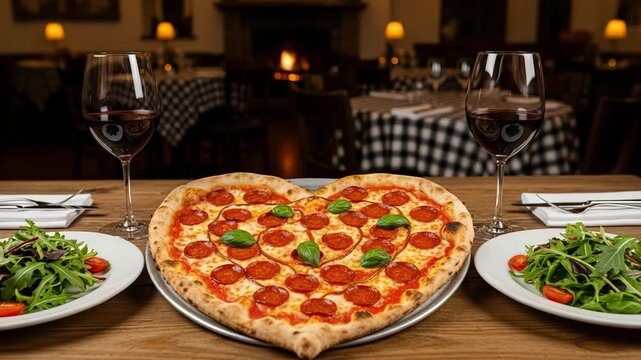 Romantic dinner for two featuring heart shaped pizza with pepperoni, red wine, and salad, perfect for Valentine's day or an anniversary celebration