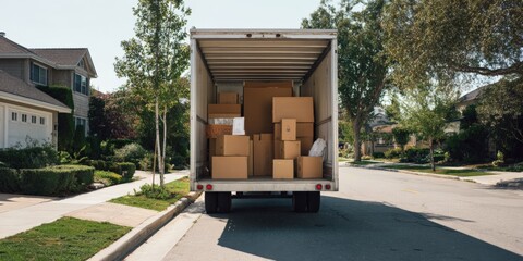 Moving truck on suburban street with packed boxes in daylight