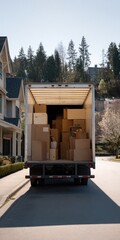 Moving truck with open back door and loaded boxes on suburban street