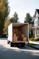 Moving truck parked on residential street with open cargo filled with boxes