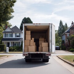 Moving truck with open back full of cardboard boxes on suburban street
