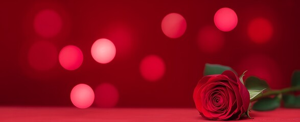 A single red rose with soft red bokeh lights in the background