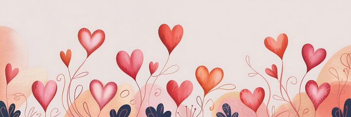 Whimsical watercolor hearts floating like balloons above a soft textured background