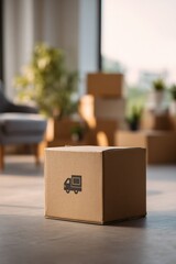 Cardboard box in modern living room with natural lighting and plants