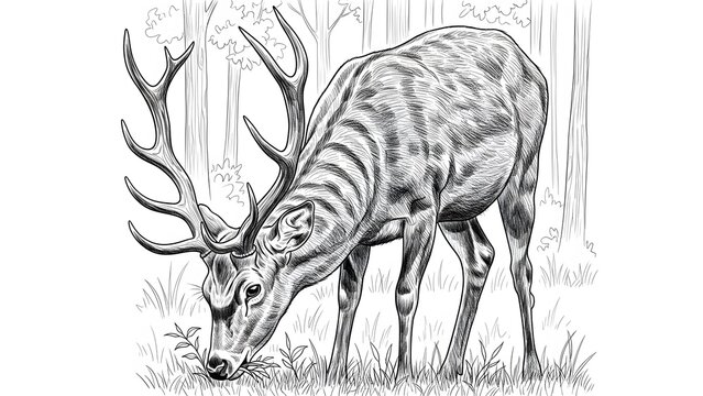 Majestic Deer Grazing in Forest - Hand-Drawn Line Art perfect for coloring book, tattoo design, educational material, website graphic, t-shirt print,