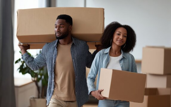 African male and female adults moving boxes in new home - Powered by Adobe