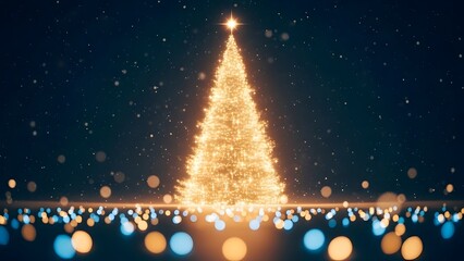 Magical golden christmas tree illuminated against a starry night sky