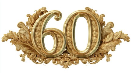 A beautifully crafted golden number sixty is displayed in an elegant and intricate design perfect for celebrating anniversaries or milestone events. The ornate details enhance its visual appeal.