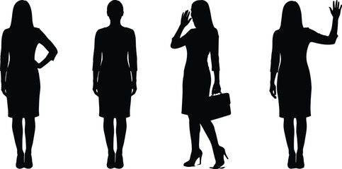 Black Silhouettes of Professional Women in Confident Poses – Formal Attire, Briefcase, Gestures – Career, Business, Workplace Concept