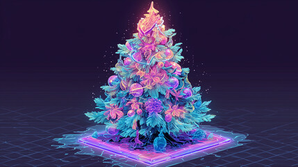 A futuristic neon Christmas tree with holographic decorations ,Cristmas, vector style