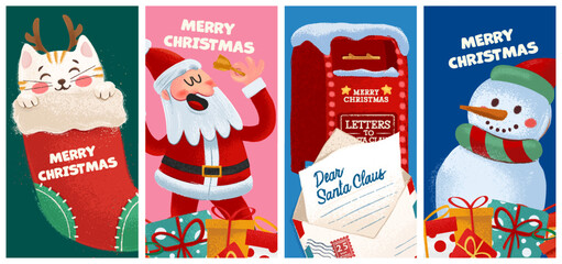 Set of Christmas greeting graphic banners with snowman, stocking, kitten, Santa Claus