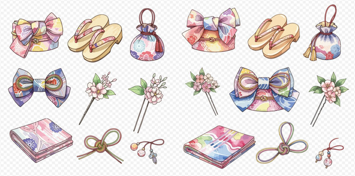 Watercolor illustration of traditional Japanese accessories including obi, geta, kinchaku, and floral hairpins.