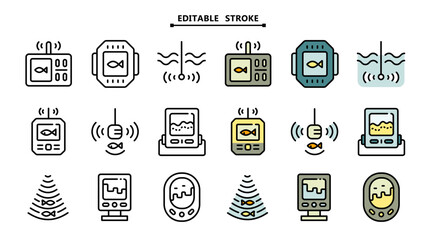 Fishing echo sounder color icons set. Editable stroke. Fish finder simple signs collection. Fishers equipment. Way to find fish. Efficient fishing. Vector illustration isolated on white. Digital gadge
